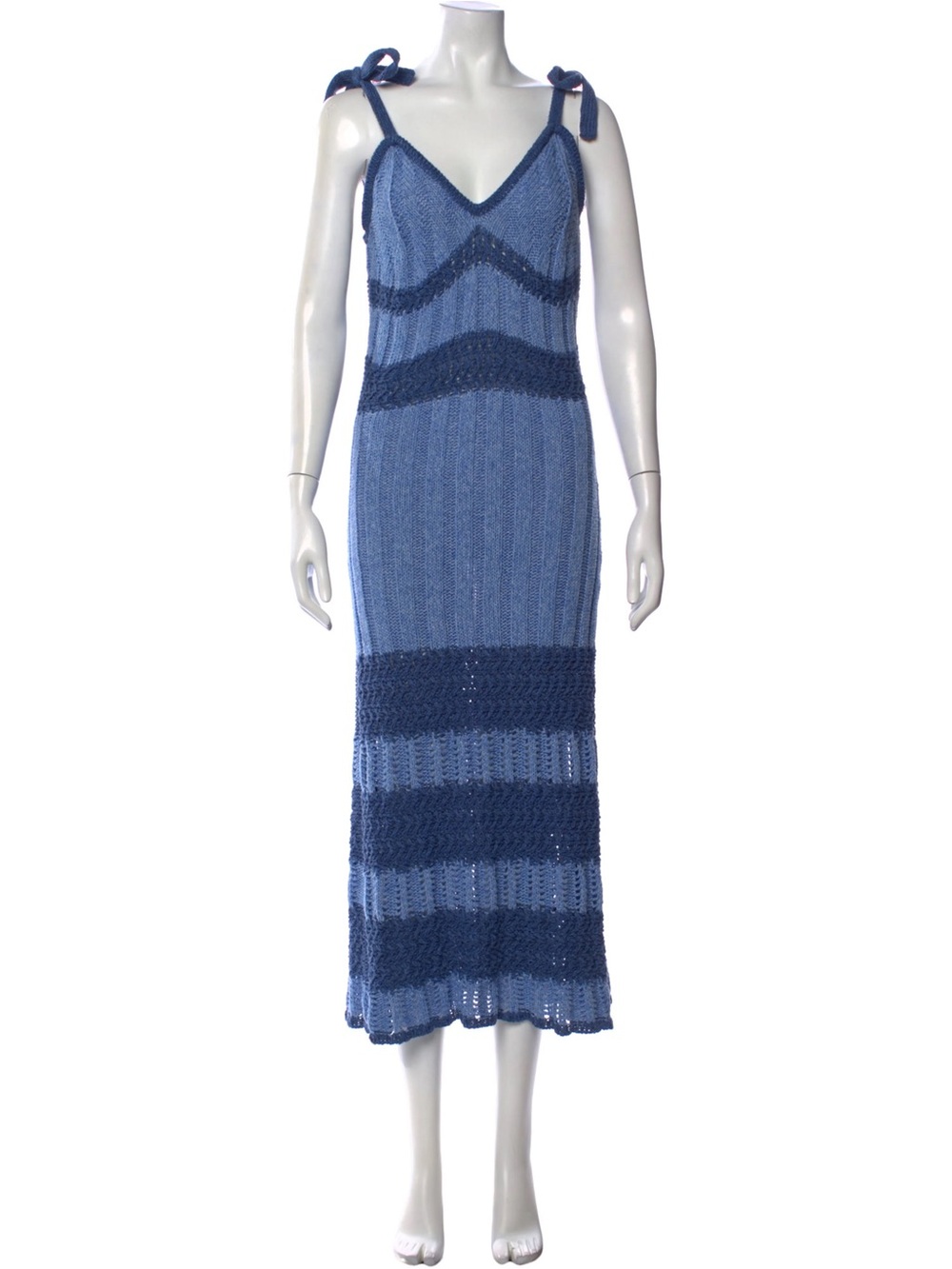 Ramy Brook Blue Striped Knit Maxi Dress with Tie Shoulder Straps